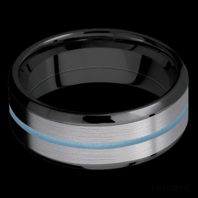 8 mm wide/Beveled/Zirconium band featuring inlays of Tantalum and Polar Blue.