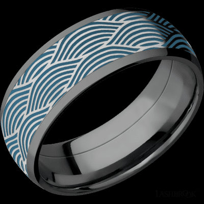 8 mm wide/Domed/Zirconium band with one 6 mm Centered inlay of Cobalt Chrome with a laser carved Navigator pattern.