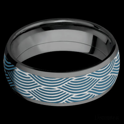8 mm wide/Domed/Zirconium band with one 6 mm Centered inlay of Cobalt Chrome with a laser carved Navigator pattern.