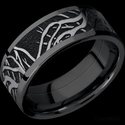 8 mm wide/Flat/Zirconium band with one 6 mm Centered inlay of Tantalum with a laser carved Branches pattern.