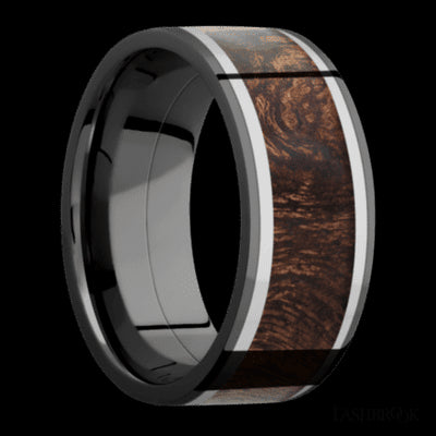 9 mm wide/Flat/Zirconium band featuring inlays of Titanium and Sapele.