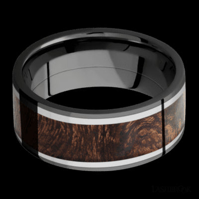 9 mm wide/Flat/Zirconium band featuring inlays of Titanium and Sapele.