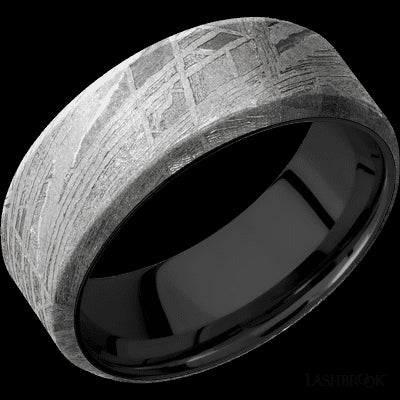 8 mm wide Beveled Meteorite band featuring a Zirconium sleeve.