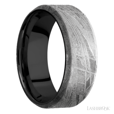 8 mm wide Beveled Meteorite band featuring a Zirconium sleeve.