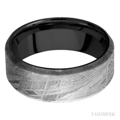 8 mm wide Beveled Meteorite band featuring a Zirconium sleeve.