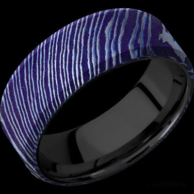 8 mm wide Beveled Titanium Damascus band featuring a Zirconium sleeve.