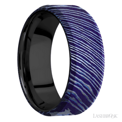 8 mm wide Beveled Titanium Damascus band featuring a Zirconium sleeve.