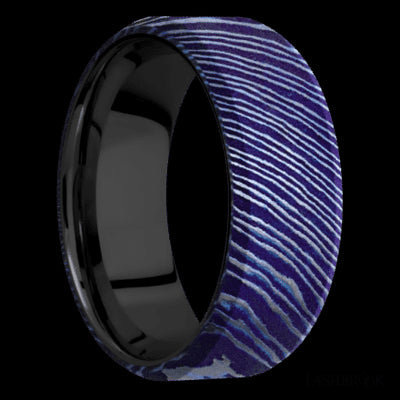 8 mm wide Beveled Titanium Damascus band featuring a Zirconium sleeve.