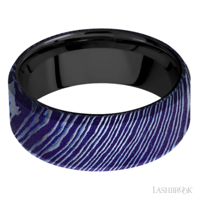 8 mm wide Beveled Titanium Damascus band featuring a Zirconium sleeve.