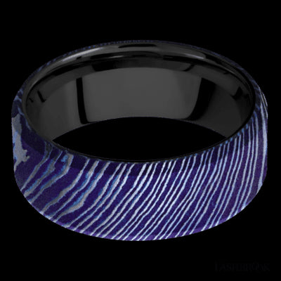 8 mm wide Beveled Titanium Damascus band featuring a Zirconium sleeve.