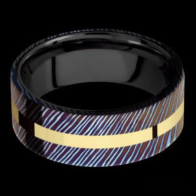 8 mm wide/Flat/Titanium Damascus band with one 2 mm Centered inlay of 14K Yellow Gold also featuring a Zirconium sleeve.
