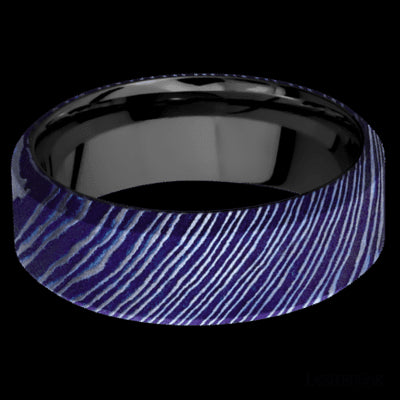 8 mm wide High Bevel Titanium Damascus band featuring a Zirconium sleeve.